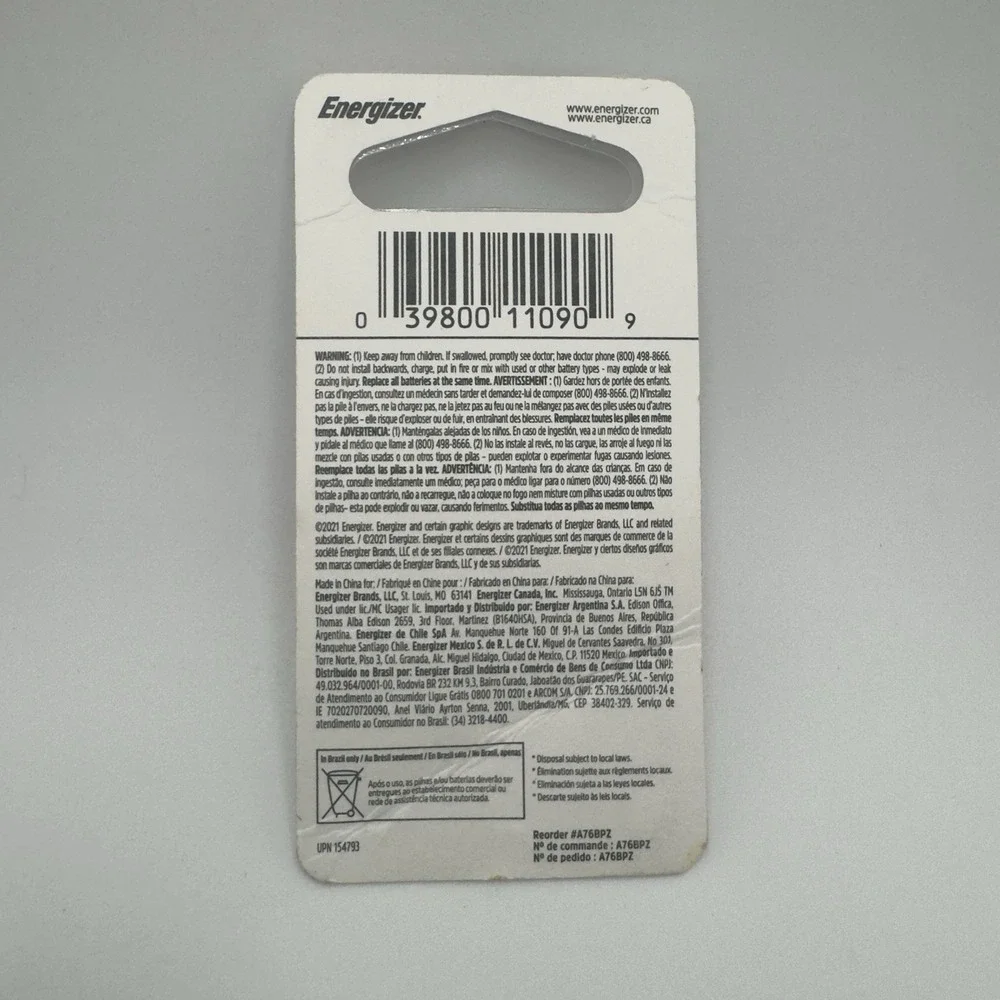 2 pcs Energizer A76 Alkakine Coin 1.5V Batteries Single Pack LR44 357 FRESH